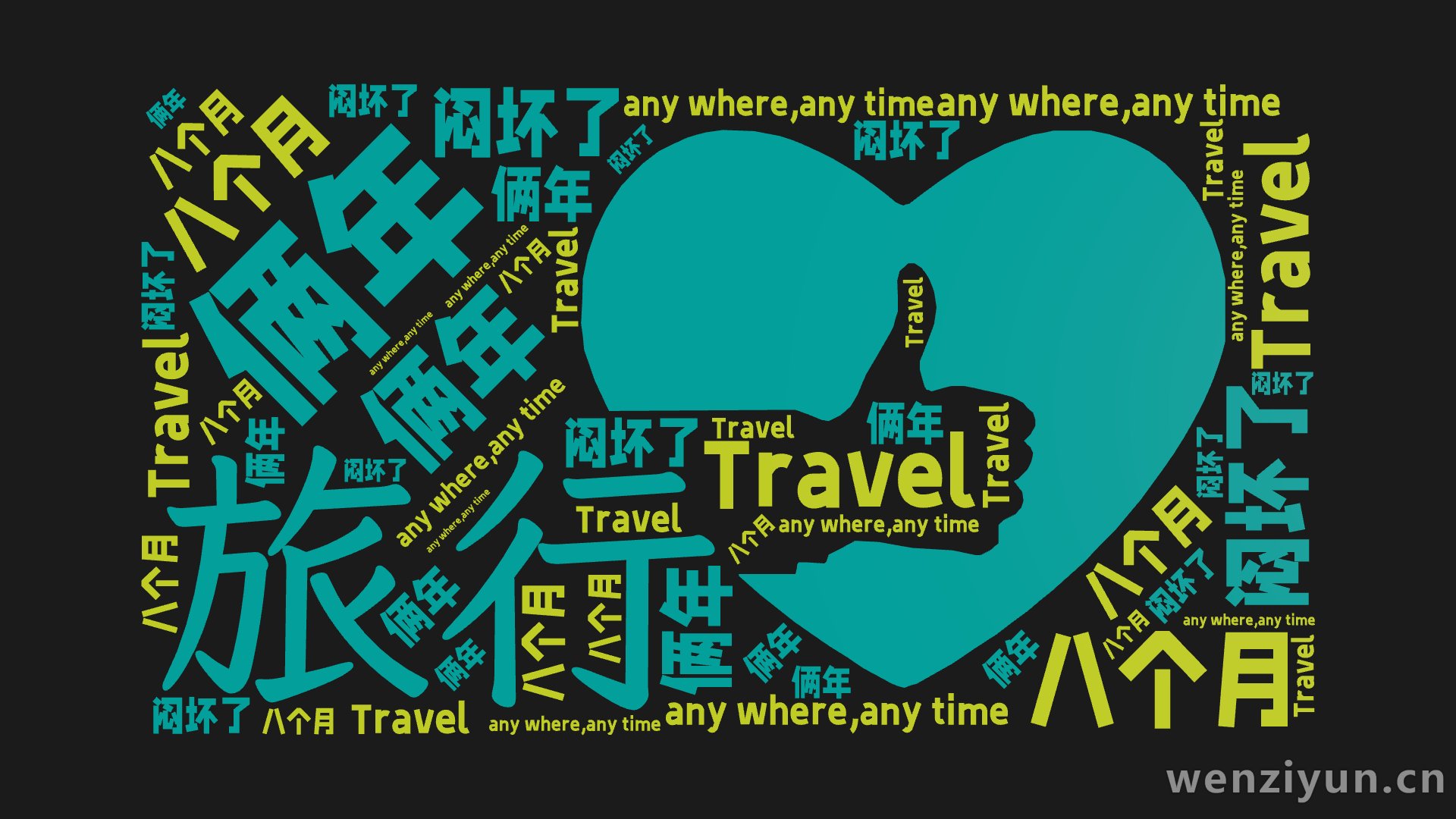旅行,俩年,八个月,闷坏了,Travel,any where,any time,文字词云图-wenziyun.cn