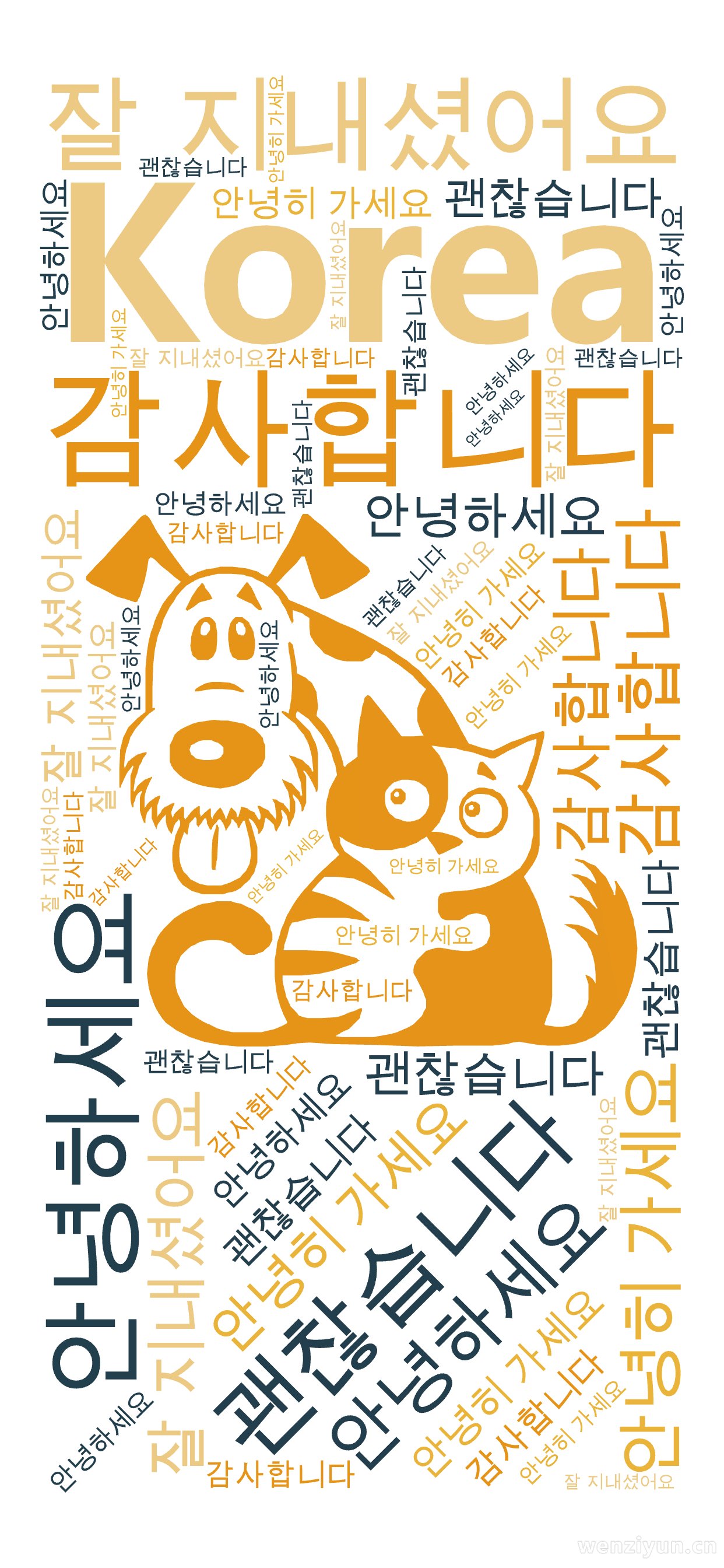Korea,안녕하세요,감사합니다,안녕히 가세요,잘 지내셨어요,괜찮습니다,文字词云图-wenziyun.cn