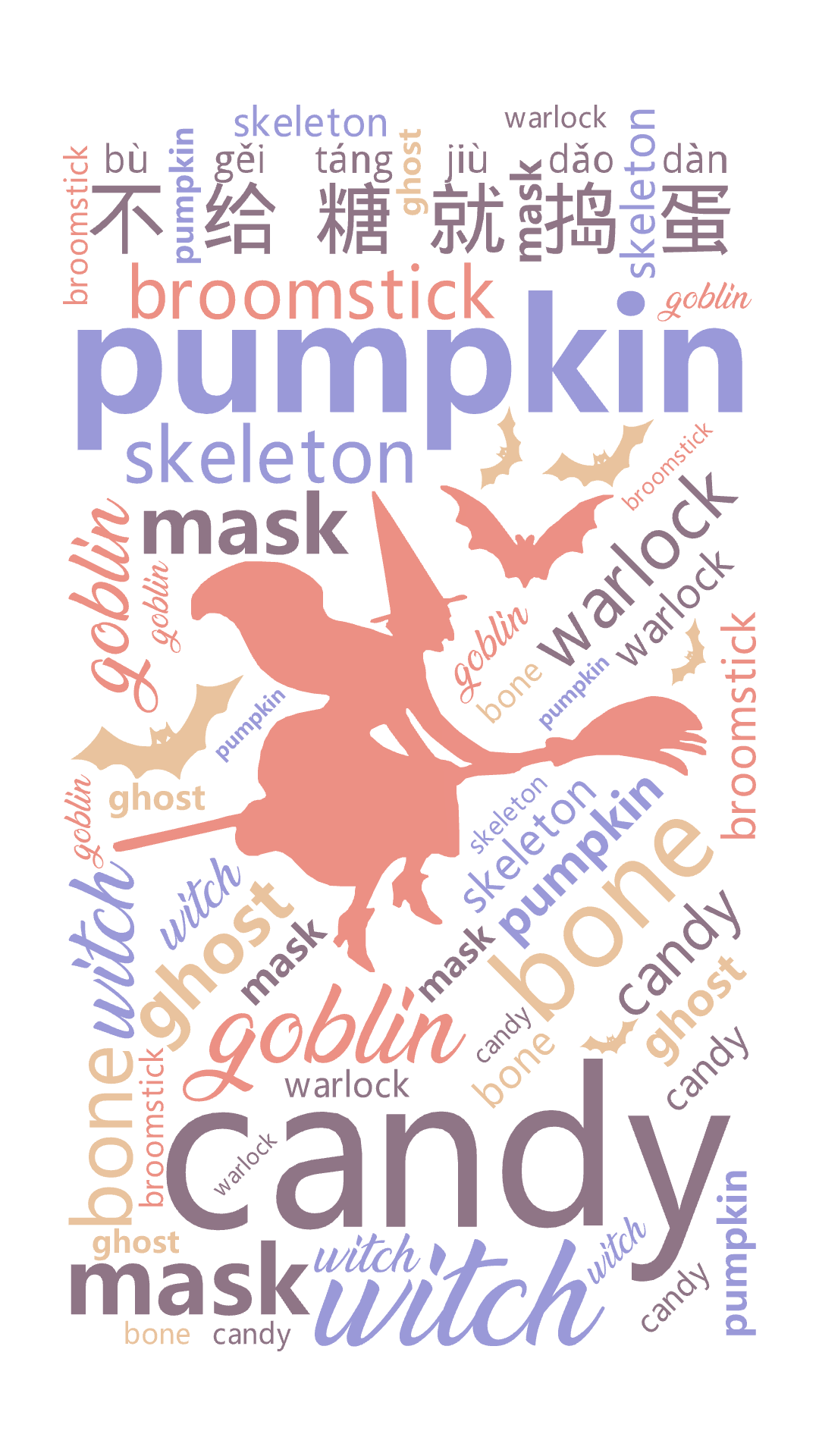 不给糖就捣蛋,pumpkin, candy, goblin, bone,witch, warlock,broomstick, ghost,s,文字词云图-wenziyun.cn