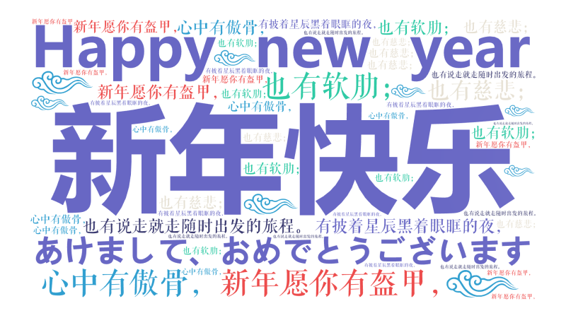 新年快乐,Happy new year,あけまして、おめでとうございます,新年愿你有盔甲，,也有软肋；,心中有傲骨，,也有慈悲；,有披着星辰,文字词云图-wenziyun.cn