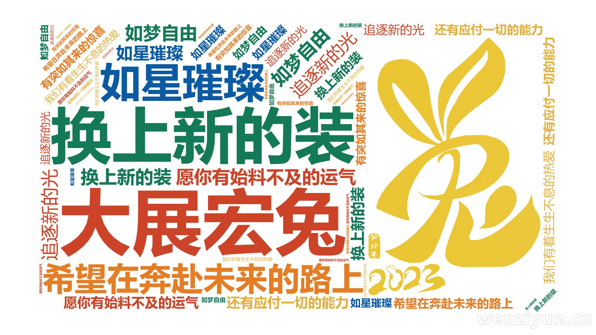 大展宏兔,换上新的装,追逐新的光,希望在奔赴未来的路上,我们有着生生不息的热爱,如星璀璨,如梦自由,愿你有始料不及的运气,有突如其来的惊喜,,文字词云图-wenziyun.cn