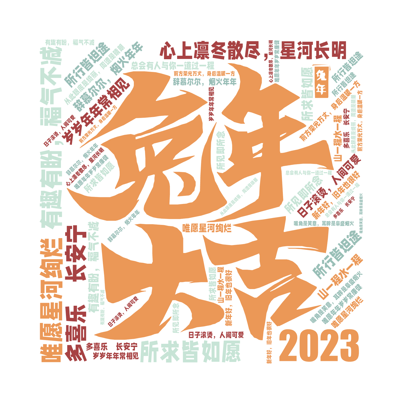 2023,有趣有盼，福气不减,辞慕尔尔，烟火年年,日子滚烫，人间可爱,前方荣光万丈，身后温暖一方,所求皆如愿,所行皆坦途,多喜乐 长安宁,新,文字词云图-wenziyun.cn