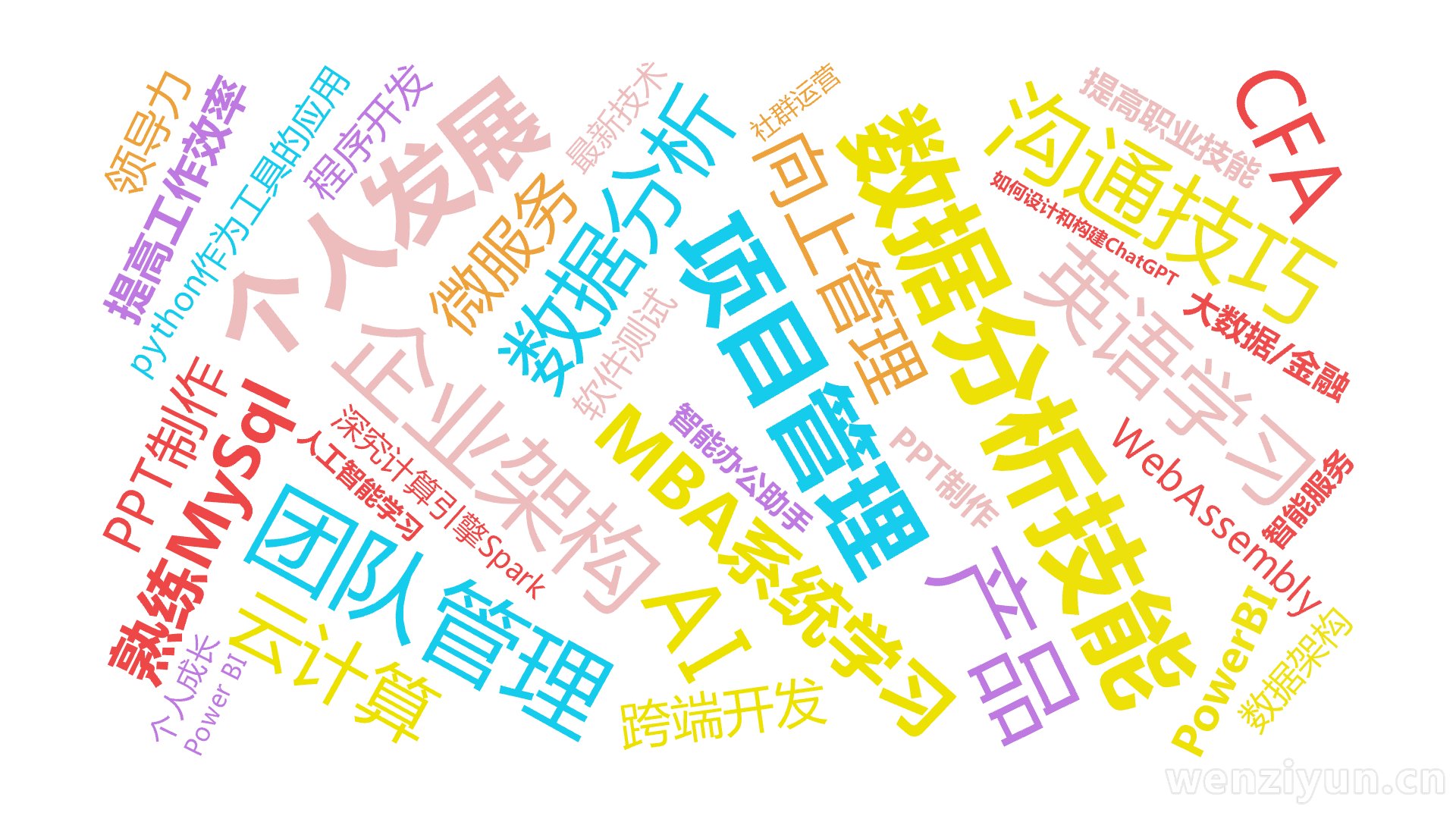 数据分析技能,项目管理,企业架构,团队管理,个人发展,沟通技巧,数据分析,熟练MySql,python作为工具的应用,MBA系统学习,英语学,文字词云图-wenziyun.cn