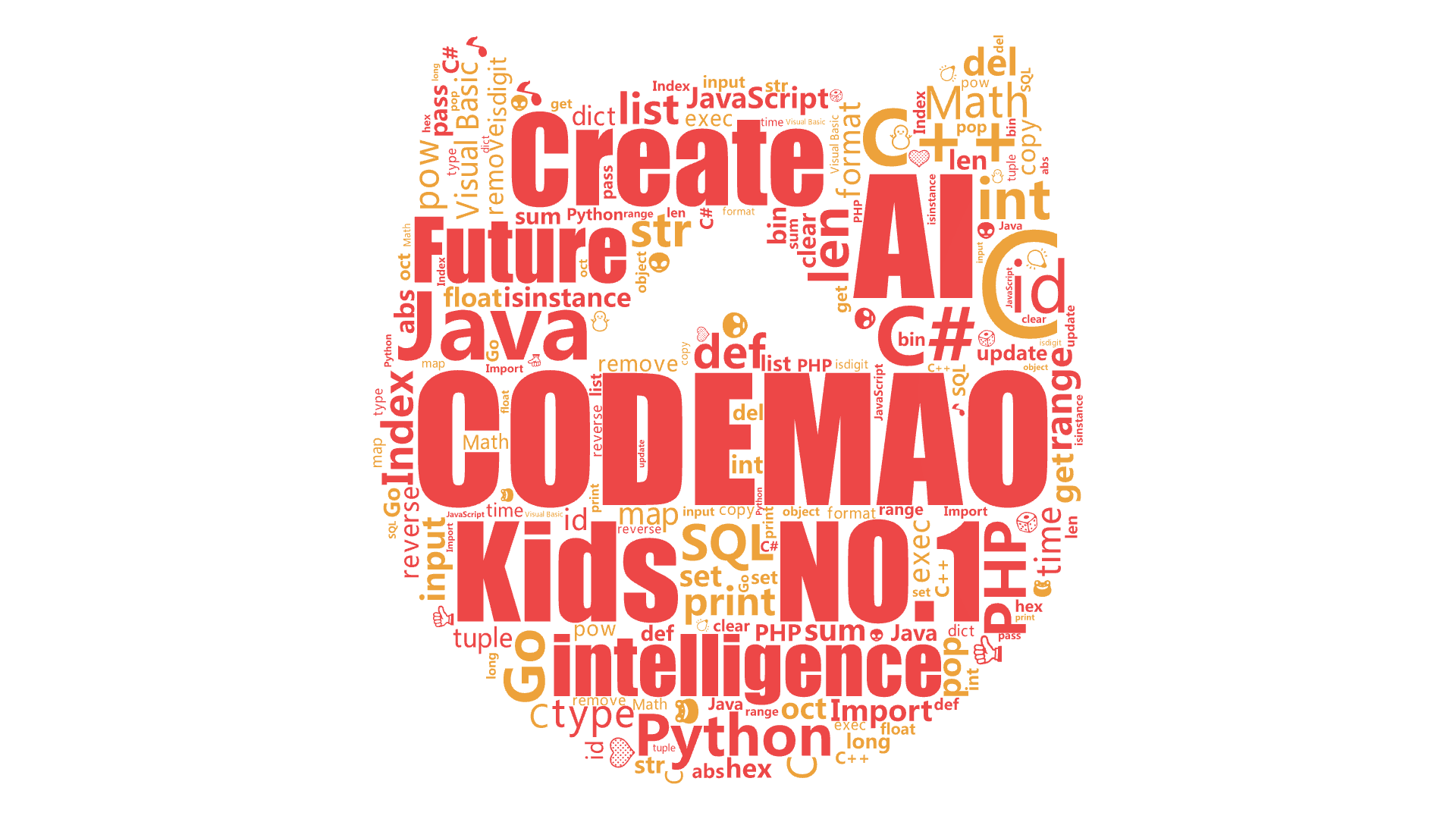 CODEMAO,Kids NO.1,AI,intelligence,Create,Future,Python,C,Java,C++,C#,V,文字词云图-wenziyun.cn