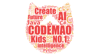 标签云:CODEMAO,Kids NO.1,AI,intelligence,Create,Future,Python,C,Java,C++,C#,V,文字词云图-wenziyun.cn