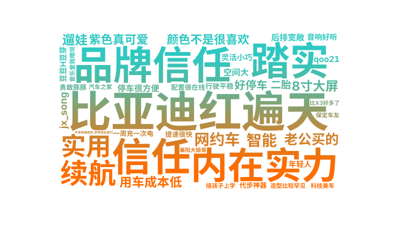 比亚迪红遍天,踏实,信任,品牌信任,内在实力,续航,实用,网约车,老公买的,用车成本低,颜色不是很喜欢,智能,8寸大屏,紫色真可爱,好停车,,文字词云图-wenziyun.cn