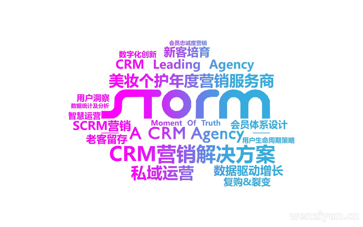 CRM营销解决方案,美妆个护年度营销服务商,CRM Leading Agency,私域运营,数据驱动增长,会员体系设计,SCRM营销,复购&,文字词云图-wenziyun.cn