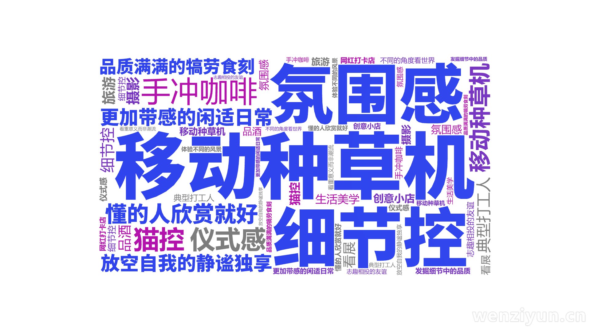 移动种草机,细节控,氛围感,懂的人欣赏就好,品质满满的犒劳食刻,更加带感的闲适日常,放空自我的静谧独享,移动种草机,典型打工人,手冲咖啡,细,文字词云图-wenziyun.cn