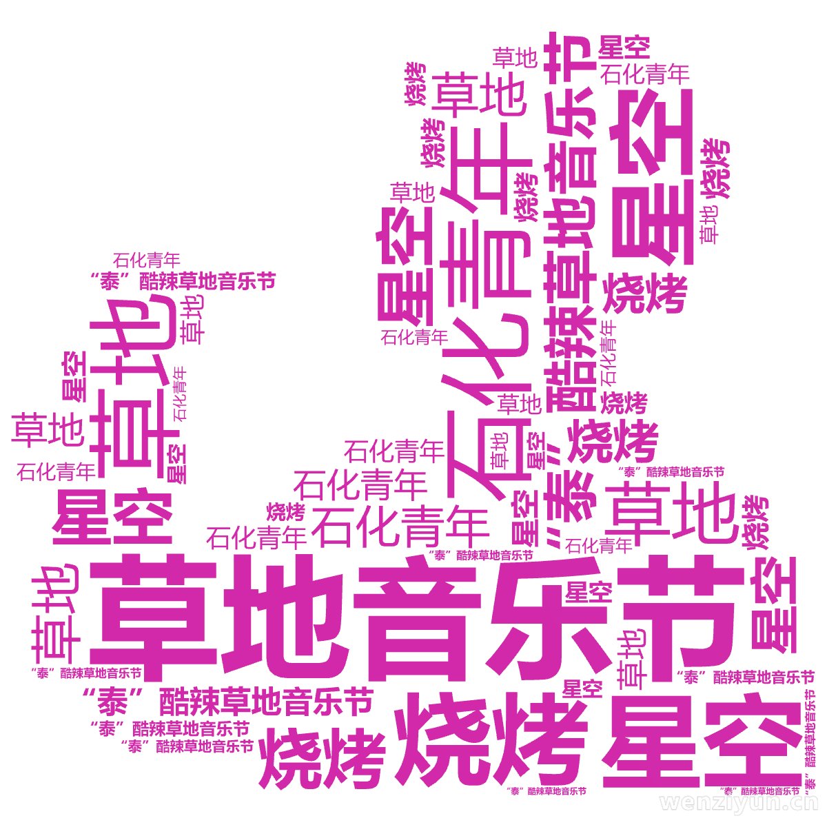草地音乐节,“泰”酷辣草地音乐节,石化青年,星空,草地,烧烤,文字词云图-wenziyun.cn