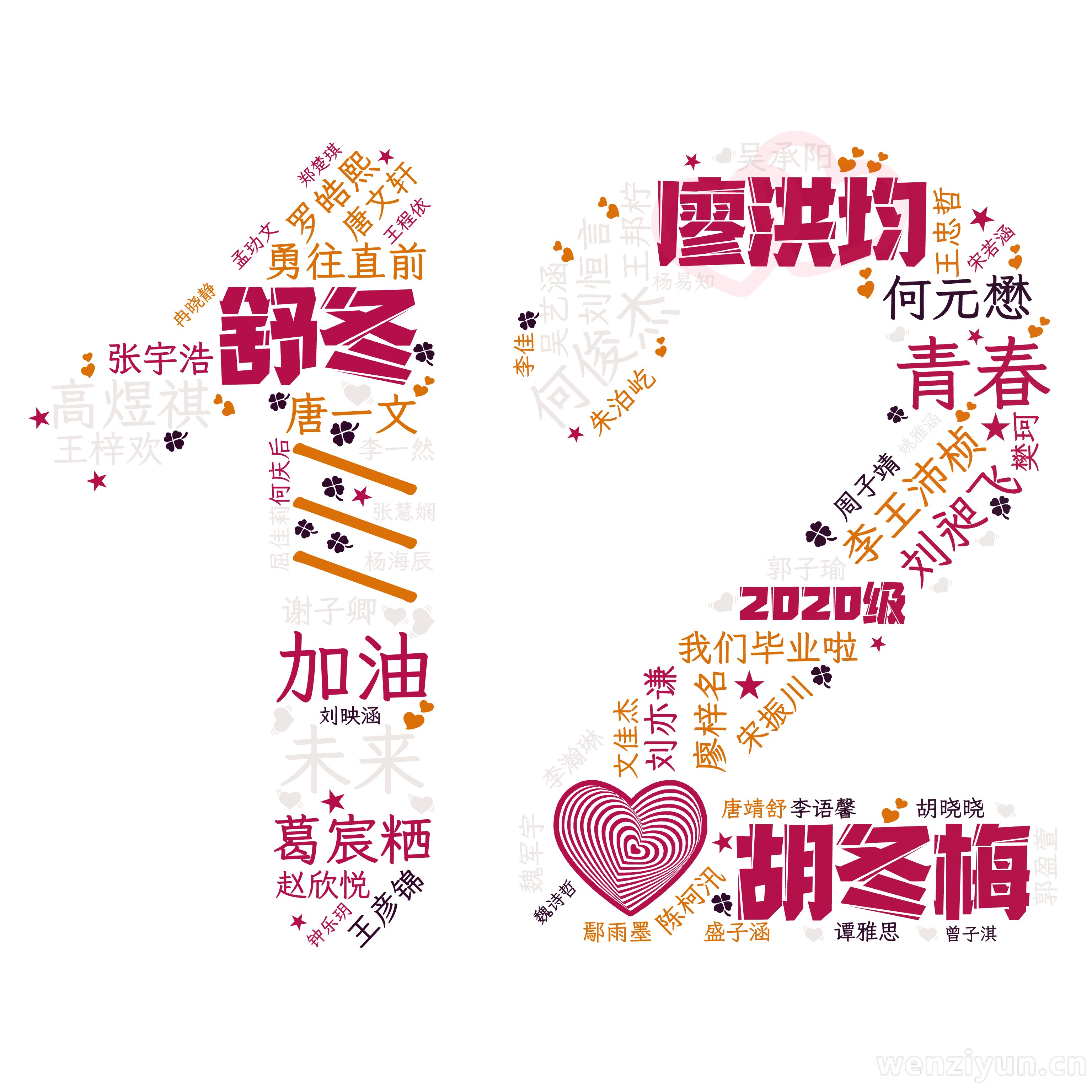 胡冬梅,廖洪均,舒冬,2020级,///,勇往直前,我们毕业啦,青春,未来,加油,高煜祺,葛宸粞,何俊杰,何元懋,李王沛桢,廖梓名,刘昶飞,,文字词云图-wenziyun.cn