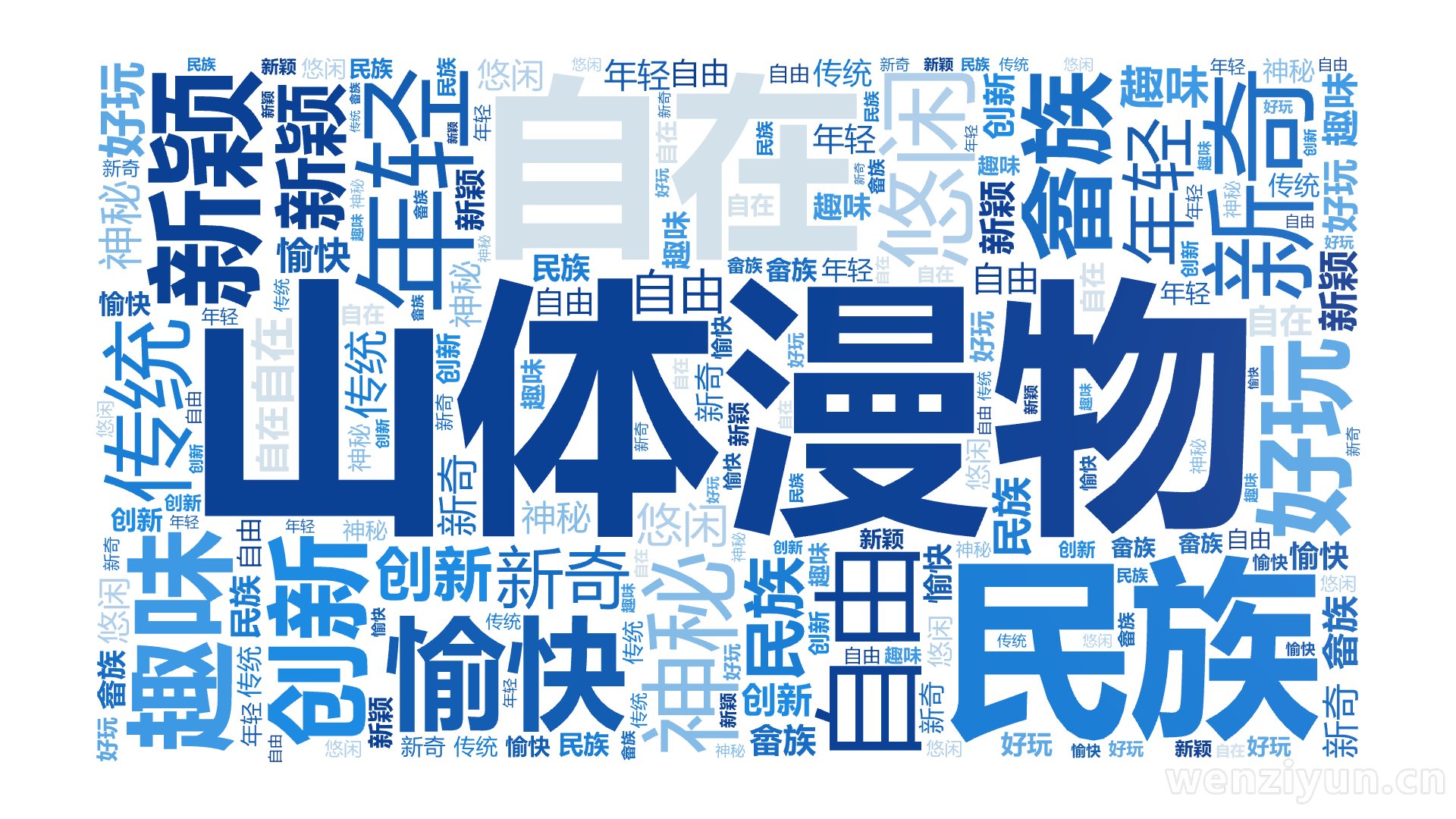 山体漫物,新颖,年轻,新奇,民族,创新,趣味,好玩,神秘,悠闲,自在,自由,愉快,畲族,传统,文字词云图-wenziyun.cn