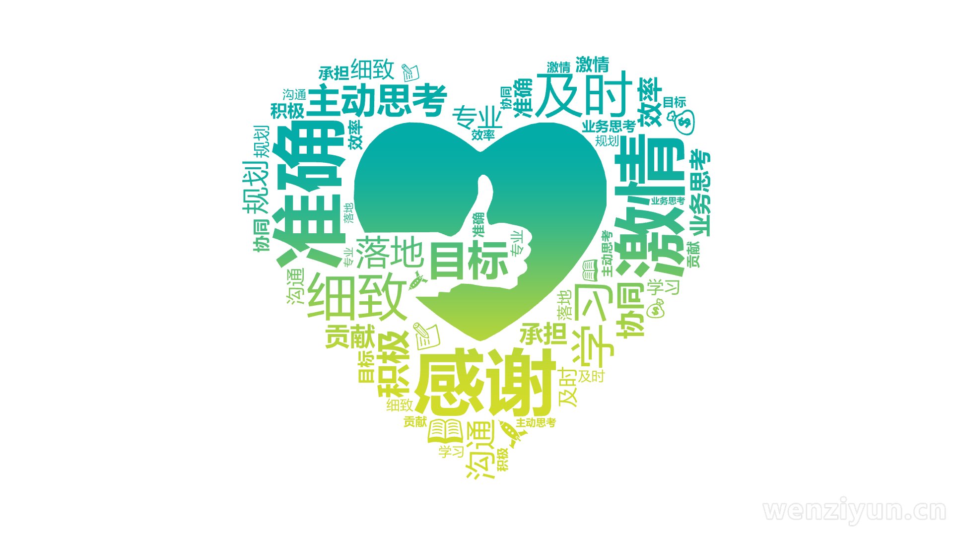 感谢,准确,及时,细致,激情,学习,主动思考,积极,沟通,协同,业务思考,目标,规划,落地,效率,专业,贡献,承担,文字词云图-wenziyun.cn