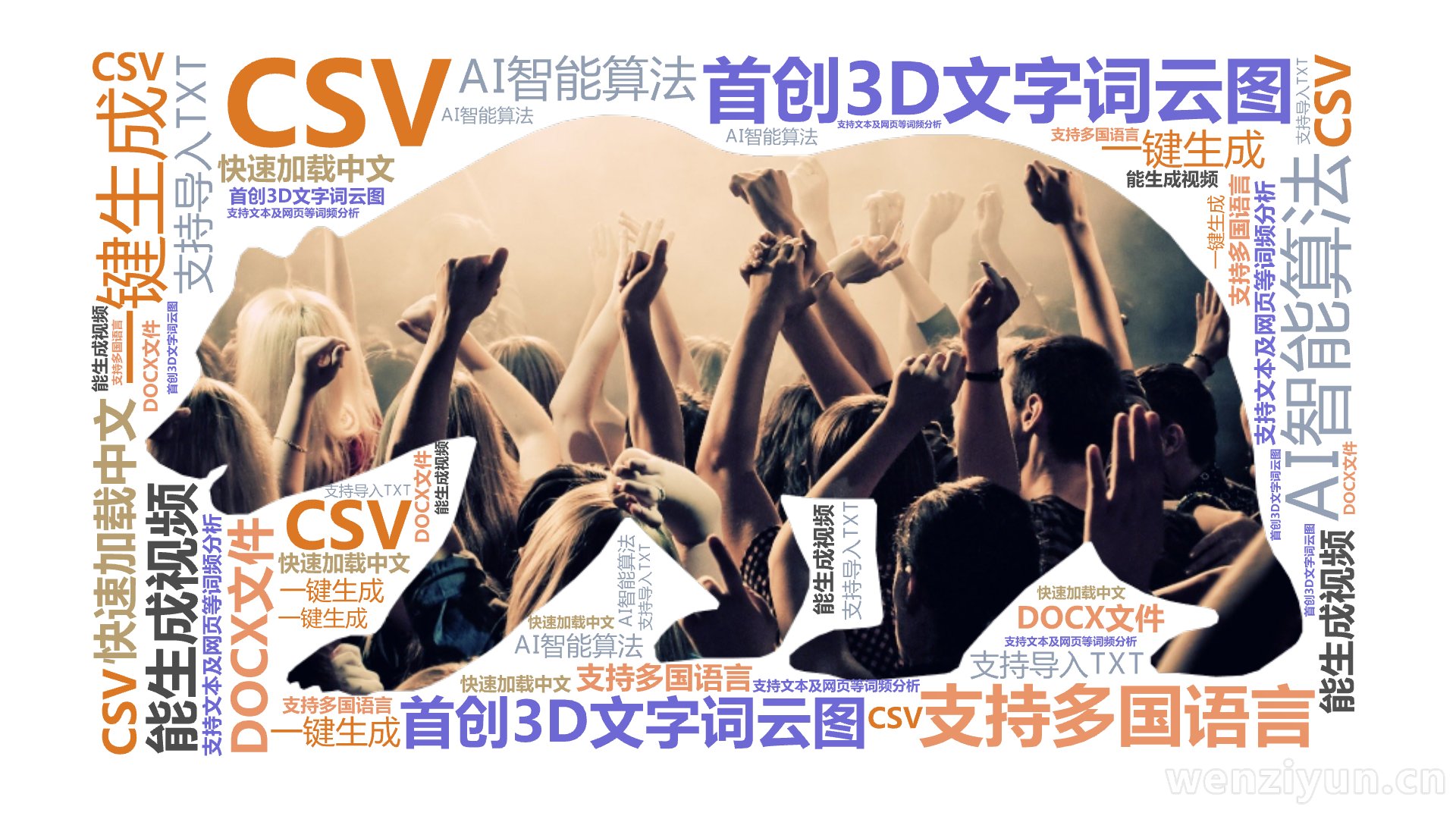 首创3D文字词云图,AI智能算法,一键生成,支持多国语言,快速加载中文,能生成视频,支持文本及网页等词频分析,支持导入TXT,CSV,DOC,文字词云图-wenziyun.cn
