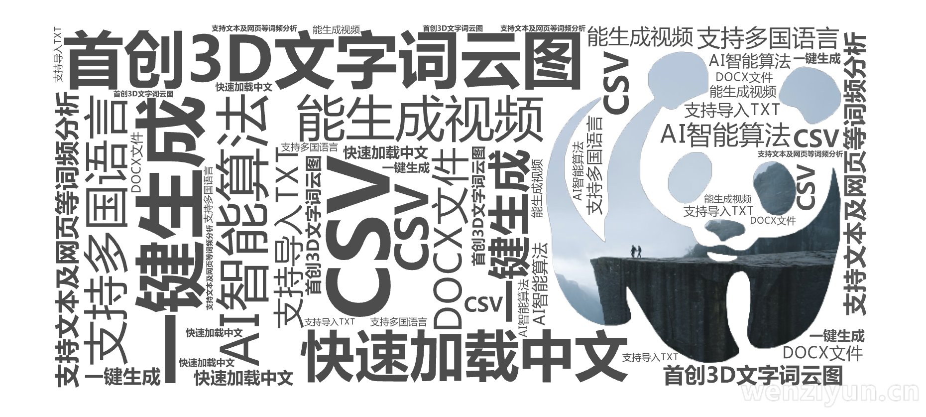 首创3D文字词云图,AI智能算法,一键生成,支持多国语言,快速加载中文,能生成视频,支持文本及网页等词频分析,支持导入TXT,CSV,DOC,文字词云图-wenziyun.cn