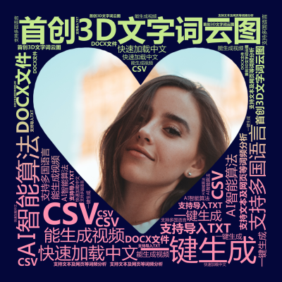 标签云:首创3D文字词云图,AI智能算法,一键生成,支持多国语言,快速加载中文,能生成视频,支持文本及网页等词频分析,支持导入TXT,CSV,DOC