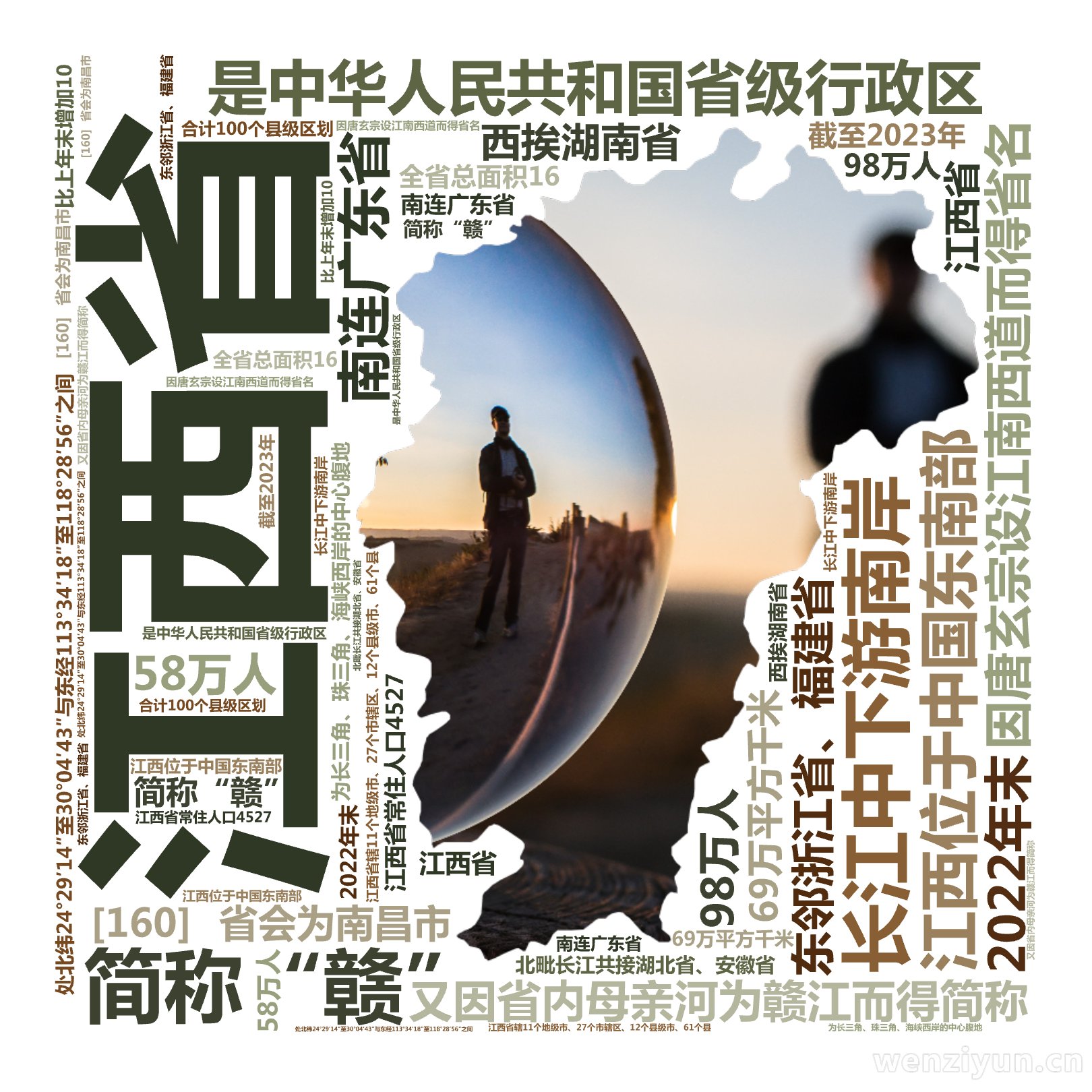 江西省,简称“赣”,是中华人民共和国省级行政区,因唐玄宗设江南西道而得省名,又因省内母亲河为赣江而得简称, [160] 省会为南昌市,江西位,文字词云图-wenziyun.cn