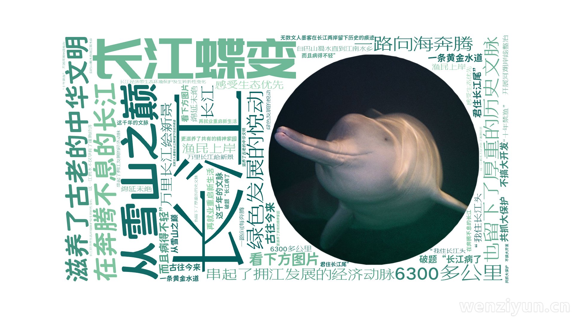 长江蝶变,长江,从雪山之巅,一路向海奔腾,6300多公里,滋养了古老的中华文明,串起了拥江发展的经济动脉,也留下了厚重的历史文脉,看下方图片,文字词云图-wenziyun.cn