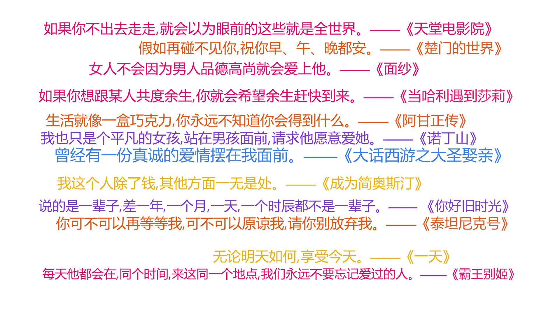 曾经有一份真诚的爱情摆在我面前。——《大话西游之大圣娶亲》,假如再碰不见你,祝你早、午、晚都安。——《楚门的世界》,如果你不出去走走,就会以,文字词云图-wenziyun.cn