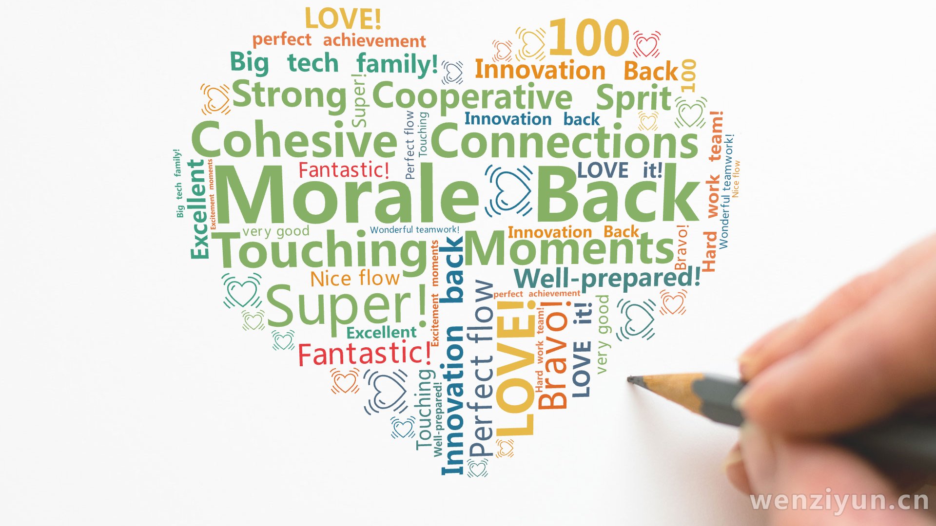 Morale Back,Touching Moments,Cohesive Connections,Strong Cooperative S,文字词云图-wenziyun.cn