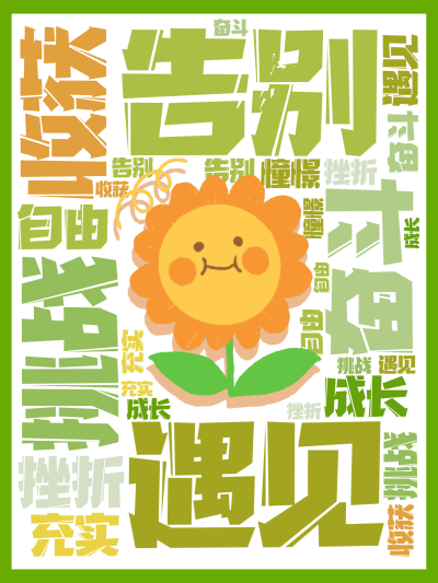 标签云:告别,遇见,挑战,奋斗,挫折,收获,充实,成长,自由,憧憬,文字词云图-wenziyun.cn