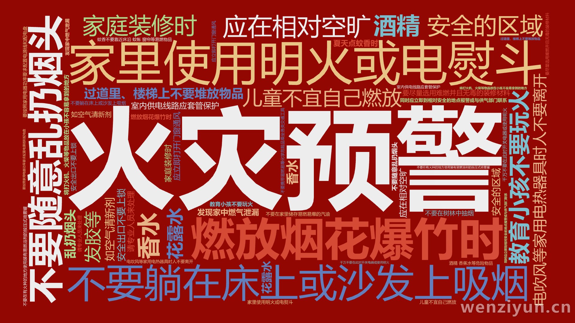 火灾预警,不要随意乱扔烟头,家里使用明火或电熨斗,电吹风等家用电热器具时人不要离开,不要躺在床上或沙发上吸烟,教育小孩不要玩火,将打火机、火,文字词云图-wenziyun.cn