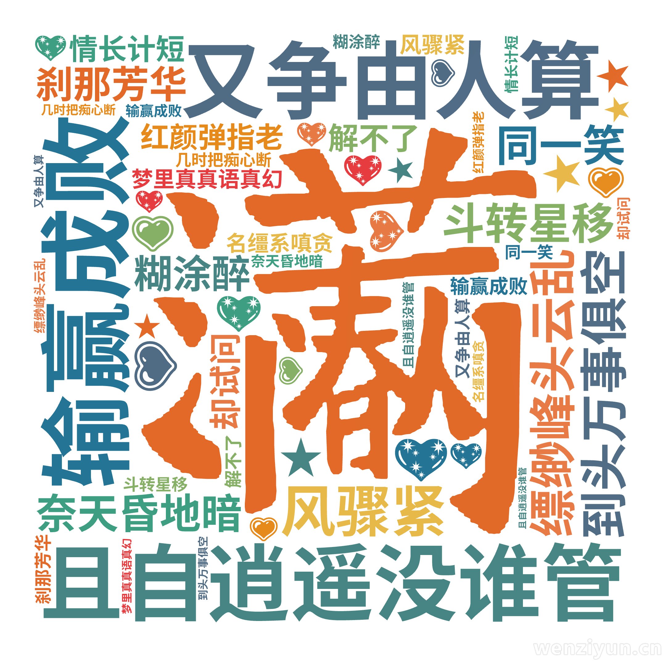 输赢成败,又争由人算,且自逍遥没谁管,奈天昏地暗,斗转星移,风骤紧,缥缈峰头云乱,红颜弹指老,刹那芳华,梦里真真语真幻,同一笑,到头万事俱空,文字词云图-wenziyun.cn