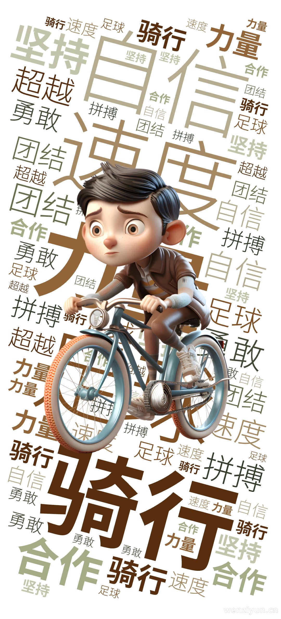 ,骑行,足球,力量,速度,自信,坚持,合作,团结,勇敢,拼搏,超越,文字词云图-wenziyun.cn