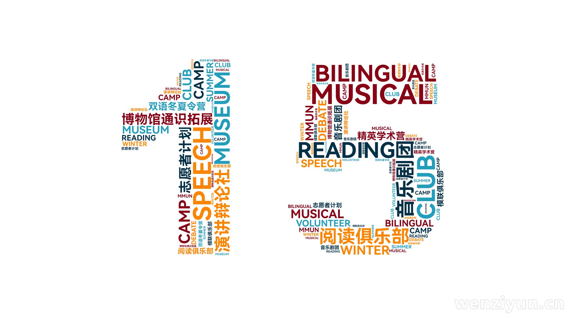 MUSICAL,SPEECH,音乐剧团,MUSEUM,BILINGUAL,阅读俱乐部,READING,CLUB,博物馆通识拓展,演讲辩论社,,文字词云图-wenziyun.cn