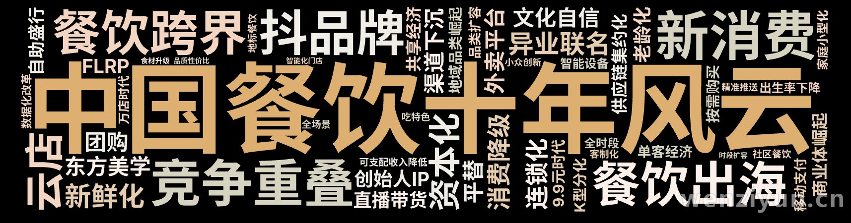 中国餐饮十年风云,资本化,新消费,消费降级,供应链集约化,竞争重叠,渠道下沉,餐饮出海,外卖平台,抖品牌,云店,餐饮跨界,异业联名,商业体崛,文字词云图-wenziyun.cn