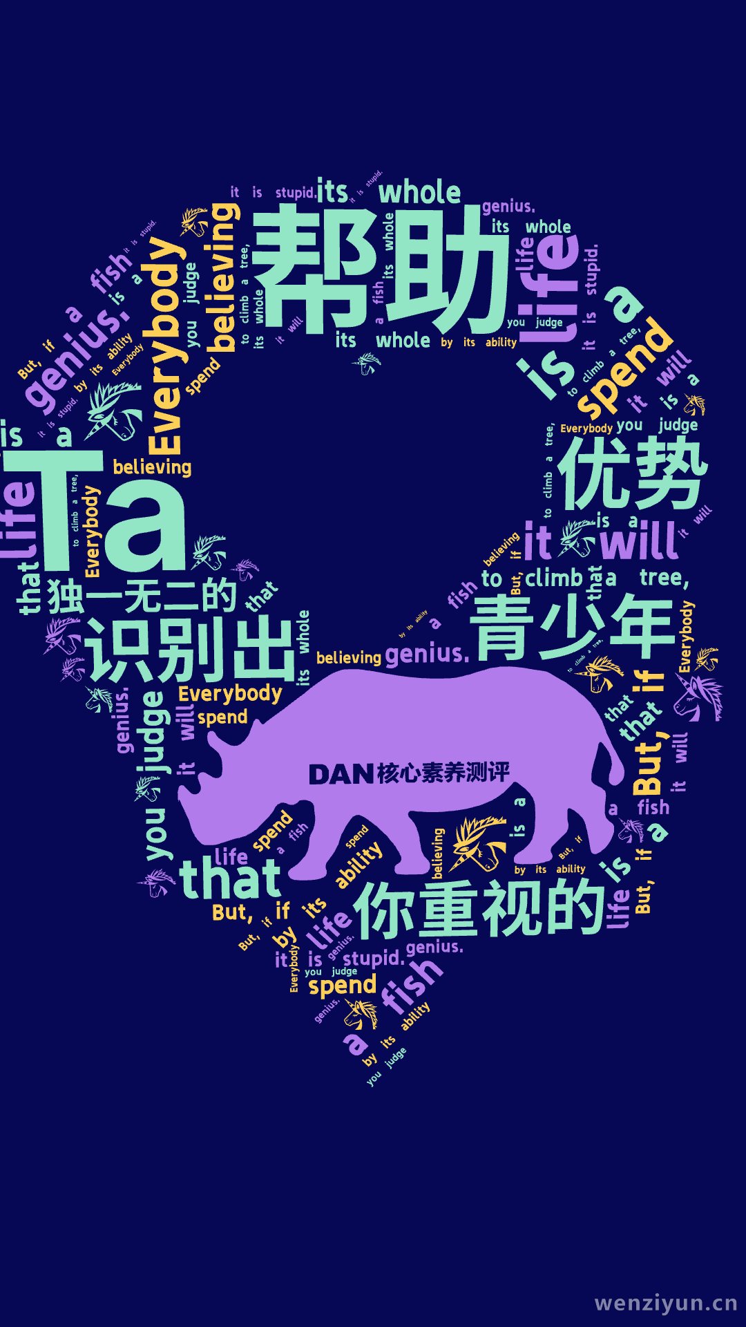帮助,你重视的,青少年,识别出,Ta,独一无二的,优势,Everybody ,is a ,genius. ,But, if ,you jud,文字词云图-wenziyun.cn