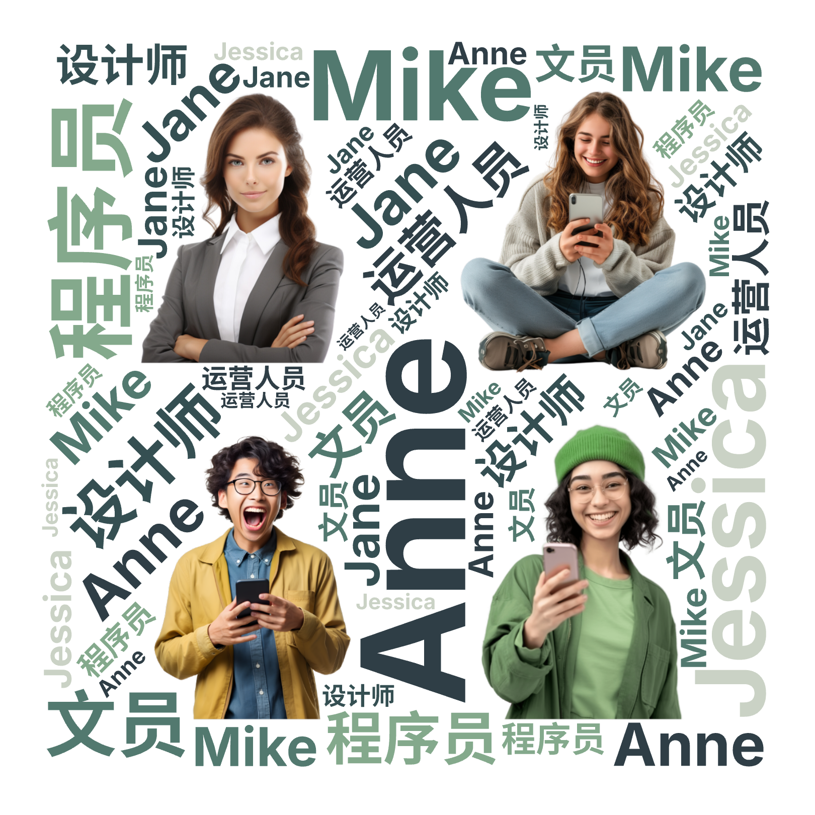 Anne,设计师,Mike,程序员,Jessica,运营人员,Jane,文员,文字词云图-wenziyun.cn