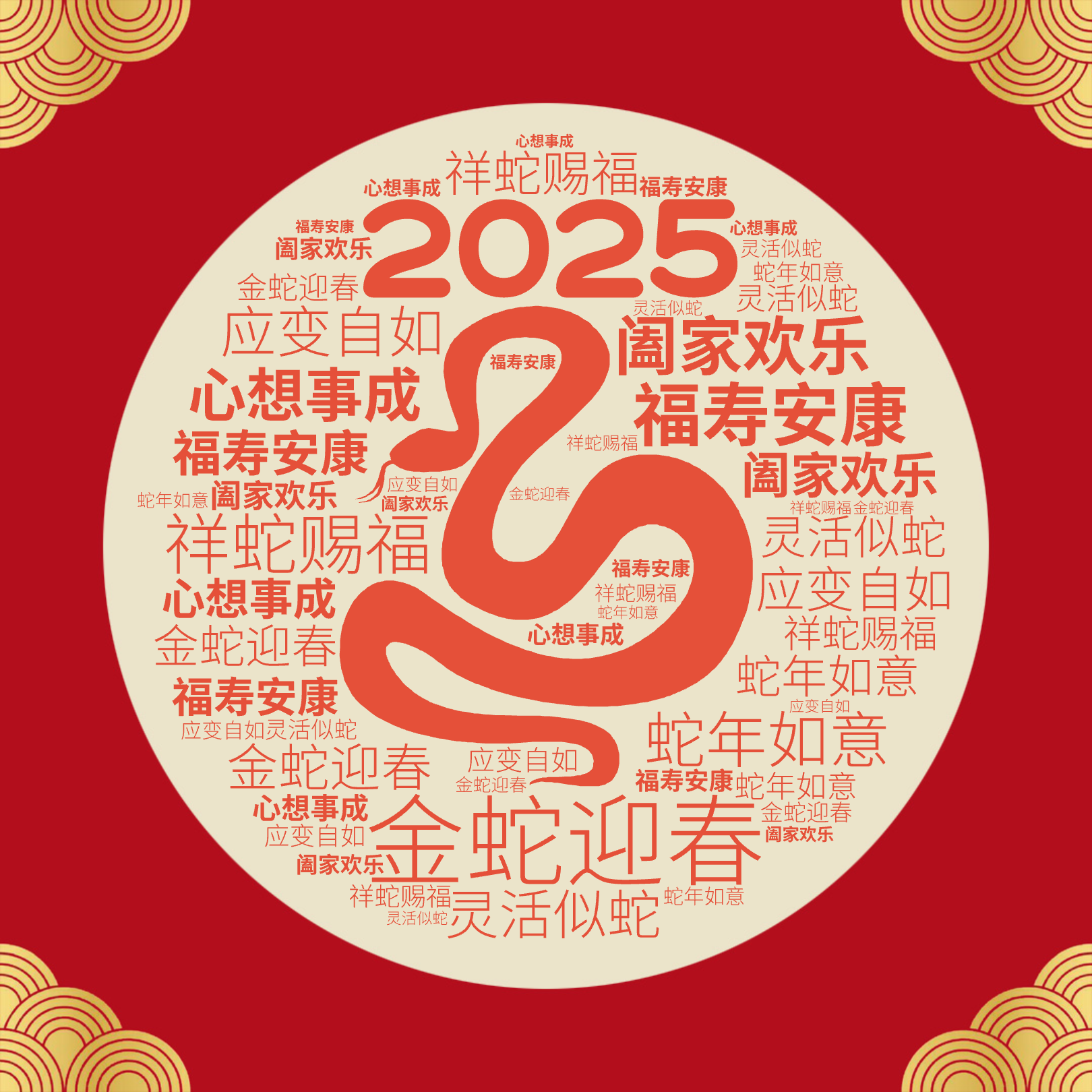 2025,金蛇迎春,福寿安康,祥蛇赐福,阖家欢乐,蛇年如意,心想事成,灵活似蛇,应变自如,文字词云图-wenziyun.cn