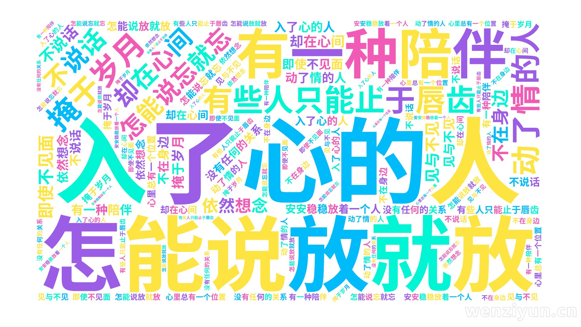 入了心的人,怎能说忘就忘,动了情的人,怎能说放就放,有些人只能止于唇齿,掩于岁月,有一种陪伴,不在身边,却在心间,即使不见面,不说话,没有任,文字词云图-wenziyun.cn