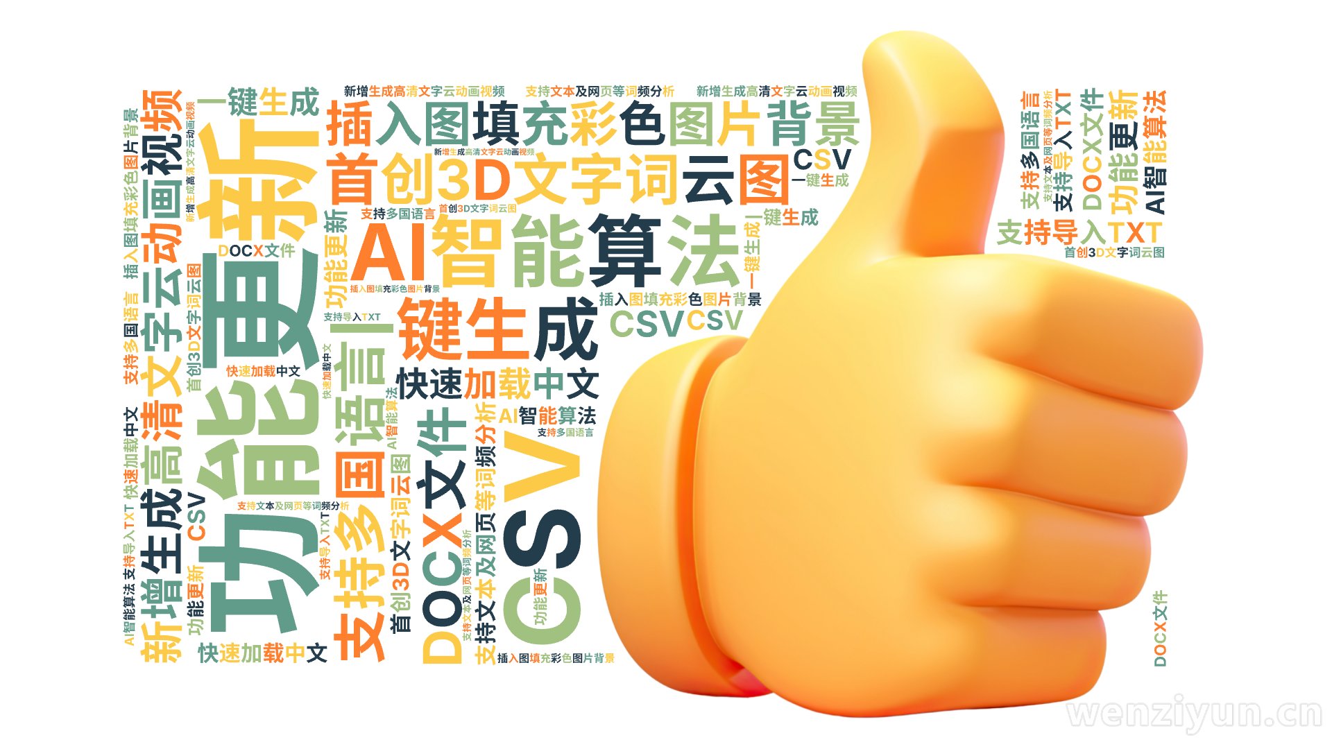 功能更新,新增生成高清文字云动画视频,插入图填充彩色图片背景,首创3D文字词云图,AI智能算法,一键生成,支持多国语言,快速加载中文,支持文,文字词云图-wenziyun.cn