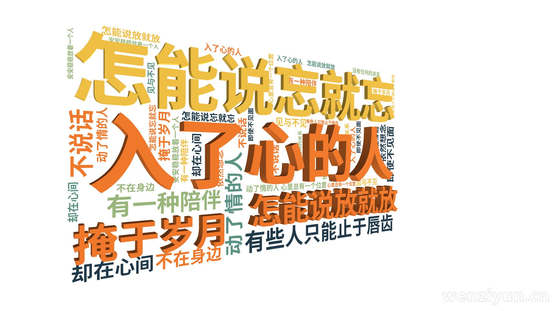 入了心的人,怎能说忘就忘,动了情的人,怎能说放就放,有些人只能止于唇齿,掩于岁月,有一种陪伴,不在身边,却在心间,即使不见面,不说话,没有任,文字词云图-wenziyun.cn