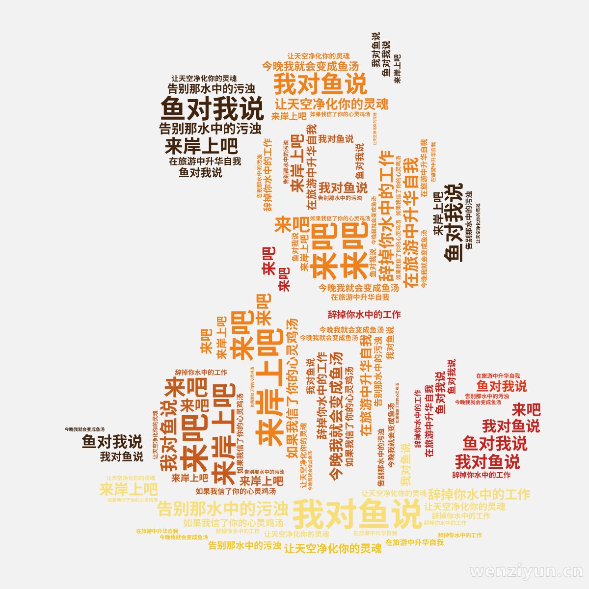 我对鱼说,来吧,来岸上吧,辞掉你水中的工作,在旅游中升华自我,告别那水中的污浊,让天空净化你的灵魂,鱼对我说,如果我信了你的心灵鸡汤,今晚我,文字词云图-wenziyun.cn