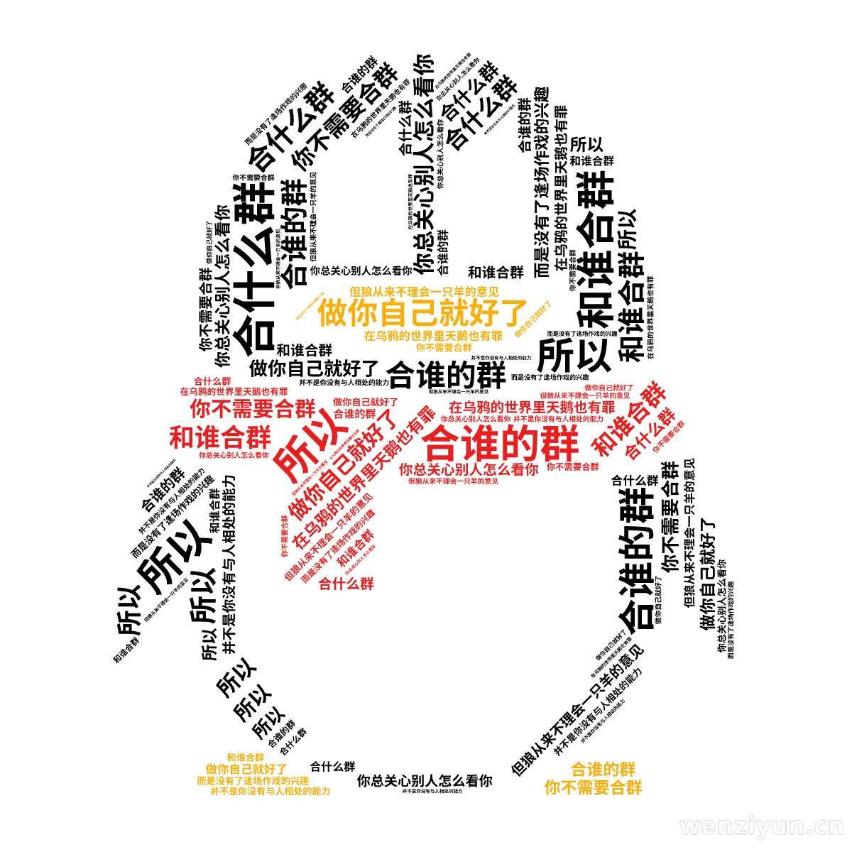 合什么群,合谁的群,和谁合群,在乌鸦的世界里天鹅也有罪,你总关心别人怎么看你,但狼从来不理会一只羊的意见, 你不需要合群,做你自己就好了,所,文字词云图-wenziyun.cn