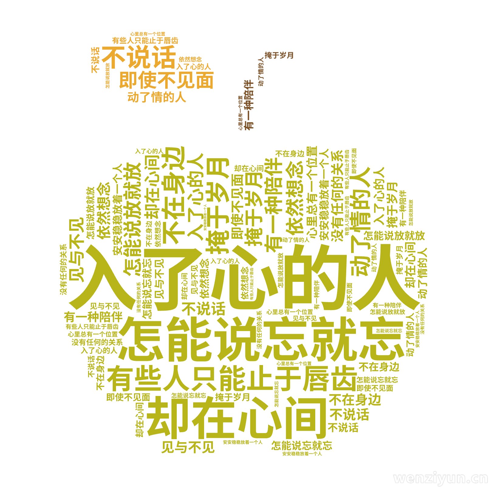 入了心的人,怎能说忘就忘,动了情的人,怎能说放就放,有些人只能止于唇齿,掩于岁月,有一种陪伴,不在身边,却在心间,即使不见面,不说话,没有任,文字词云图-wenziyun.cn