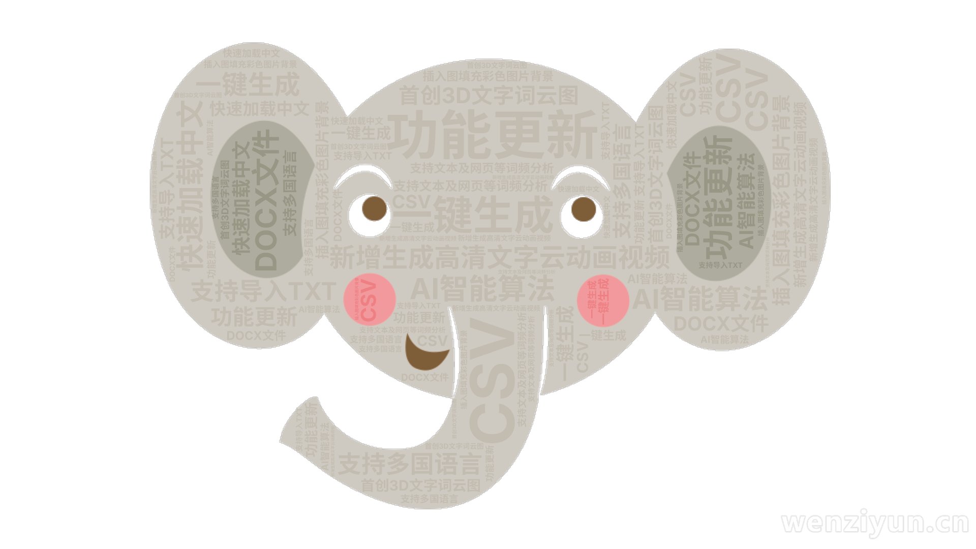 功能更新,新增生成高清文字云动画视频,插入图填充彩色图片背景,首创3D文字词云图,AI智能算法,一键生成,支持多国语言,快速加载中文,支持文,文字词云图-wenziyun.cn