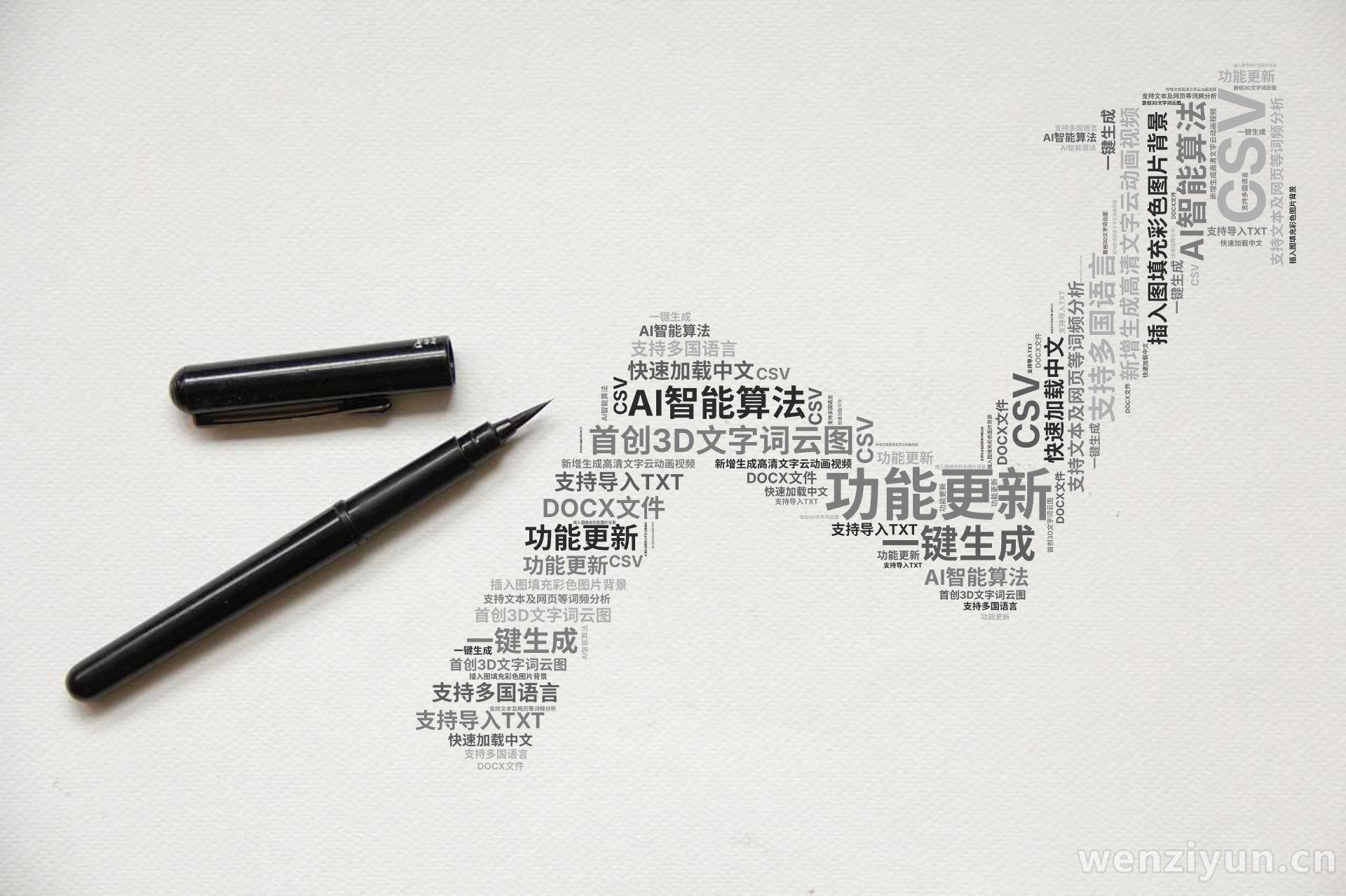 功能更新,新增生成高清文字云动画视频,插入图填充彩色图片背景,首创3D文字词云图,AI智能算法,一键生成,支持多国语言,快速加载中文,支持文,文字词云图-wenziyun.cn