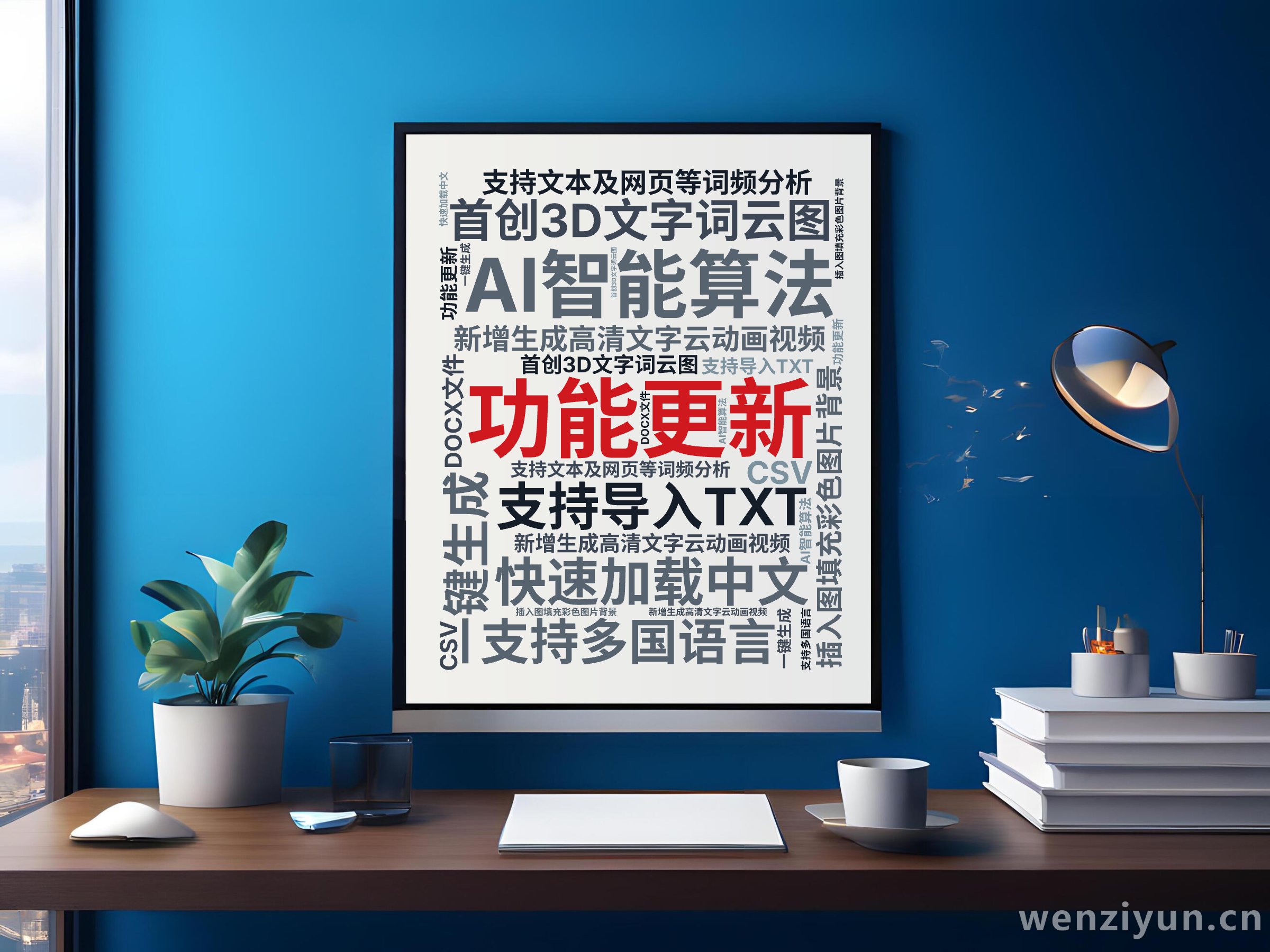 功能更新,新增生成高清文字云动画视频,插入图填充彩色图片背景,首创3D文字词云图,AI智能算法,一键生成,支持多国语言,快速加载中文,支持文,文字词云图-wenziyun.cn