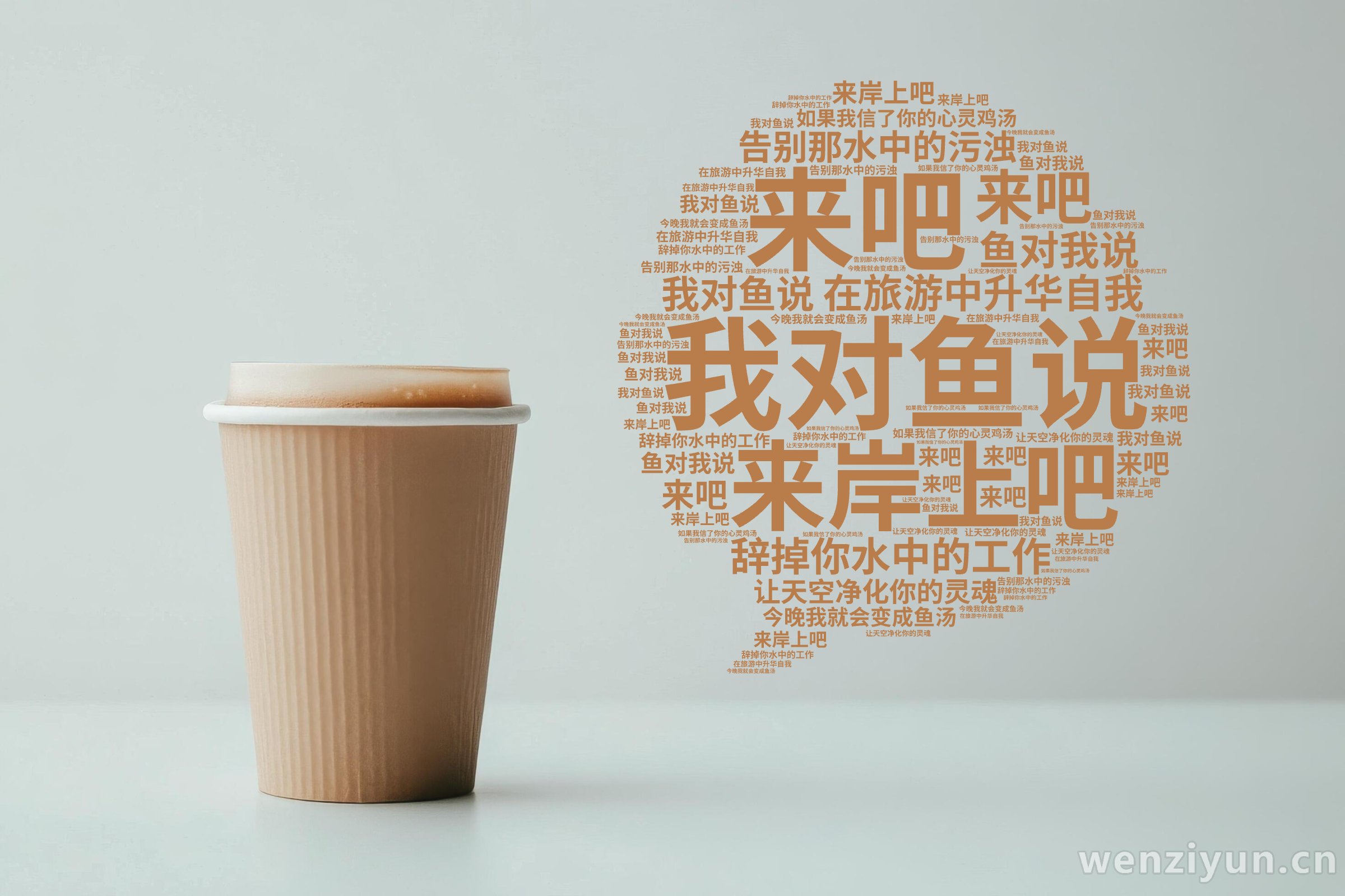 我对鱼说,来吧,来岸上吧,辞掉你水中的工作,在旅游中升华自我,告别那水中的污浊,让天空净化你的灵魂,鱼对我说,如果我信了你的心灵鸡汤,今晚我,文字词云图-wenziyun.cn