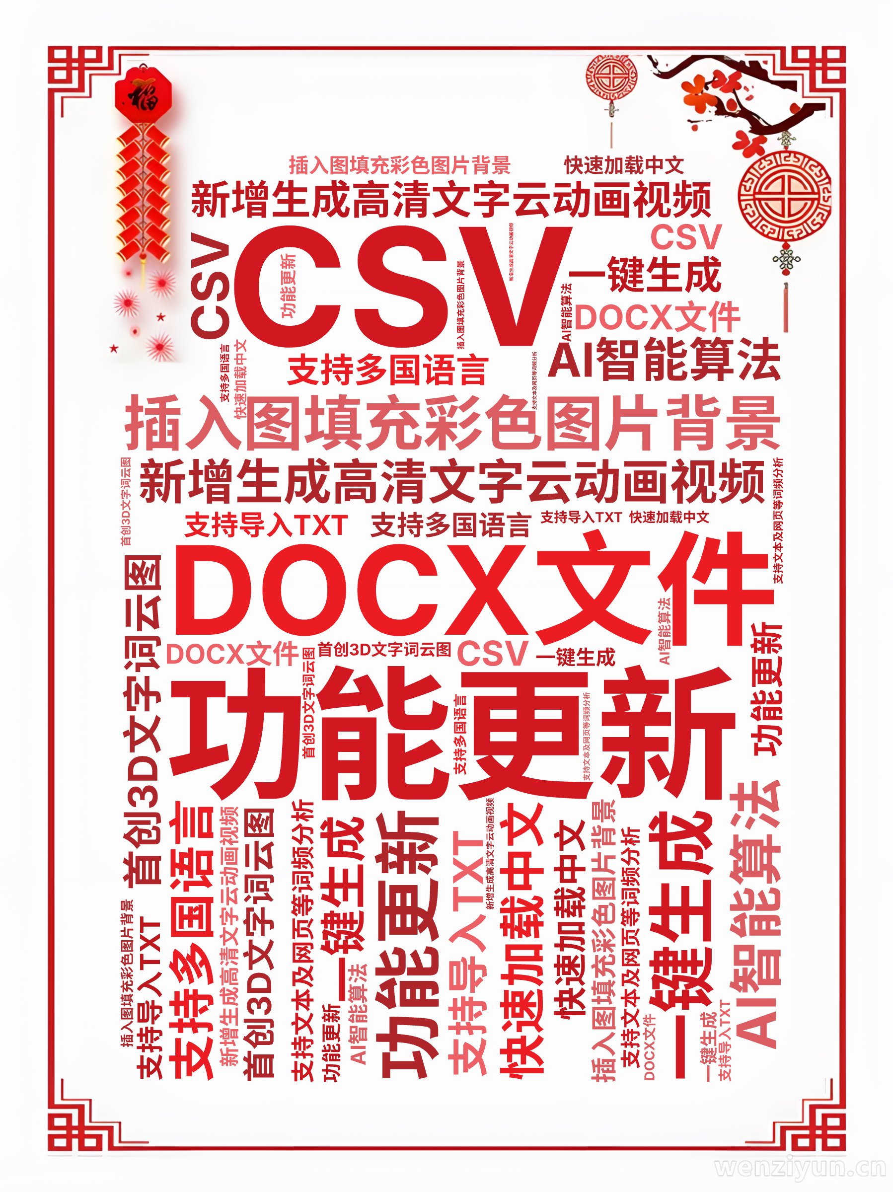 功能更新,新增生成高清文字云动画视频,插入图填充彩色图片背景,首创3D文字词云图,AI智能算法,一键生成,支持多国语言,快速加载中文,支持文,文字词云图-wenziyun.cn