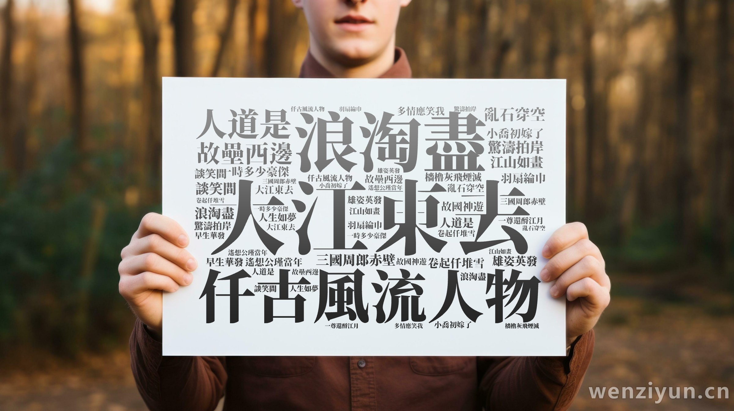 大江東去,浪淘盡,仟古風流人物,故壘西邊,人道是,三國周郎赤壁,亂石穿空,驚濤拍岸,卷起仟堆雪,江山如畫,一時多少豪傑,遙想公瑾當年,小喬初,文字词云图-wenziyun.cn