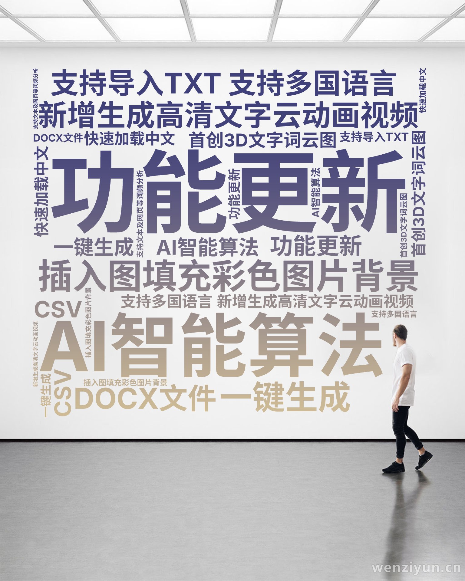 功能更新,新增生成高清文字云动画视频,插入图填充彩色图片背景,首创3D文字词云图,AI智能算法,一键生成,支持多国语言,快速加载中文,支持文,文字词云图-wenziyun.cn