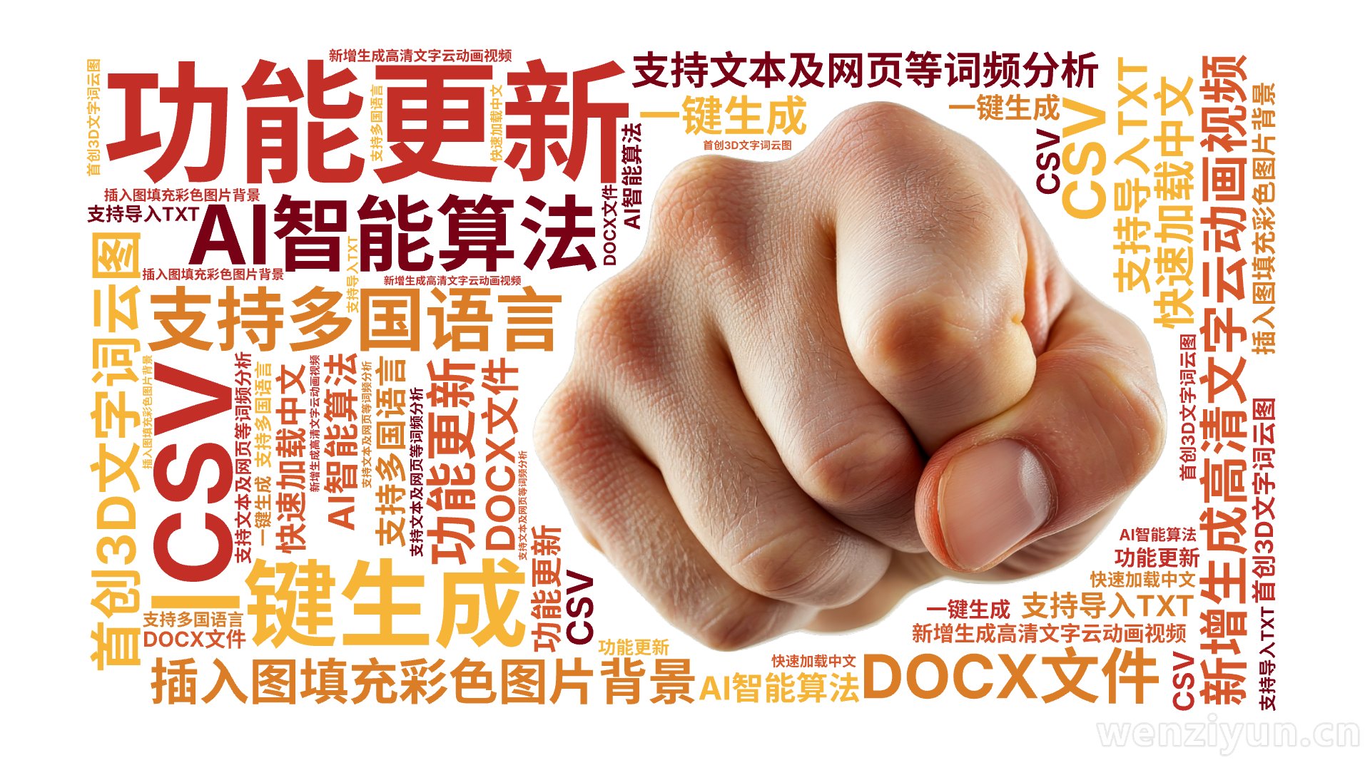 功能更新,新增生成高清文字云动画视频,插入图填充彩色图片背景,首创3D文字词云图,AI智能算法,一键生成,支持多国语言,快速加载中文,支持文,文字词云图-wenziyun.cn