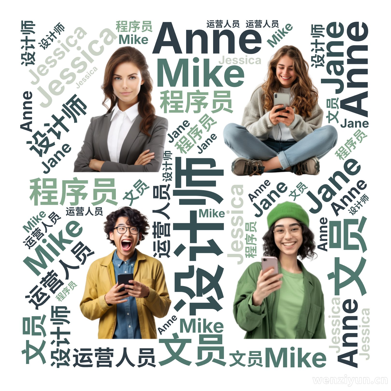 Anne,设计师,Mike,程序员,Jessica,运营人员,Jane,文员,文字词云图-wenziyun.cn