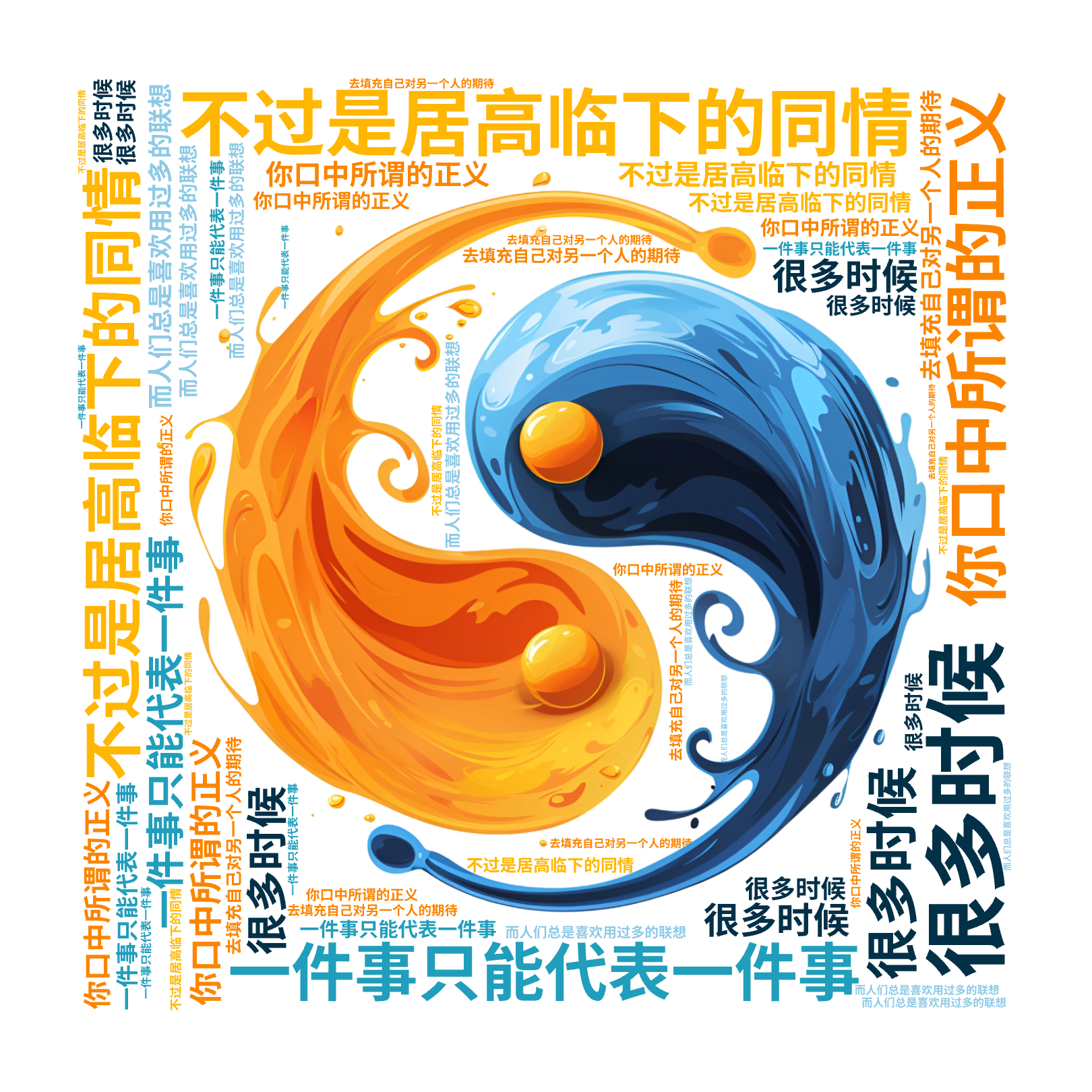 你口中所谓的正义,不过是居高临下的同情,很多时候,一件事只能代表一件事,而人们总是喜欢用过多的联想,去填充自己对另一个人的期待,文字词云图-wenziyun.cn