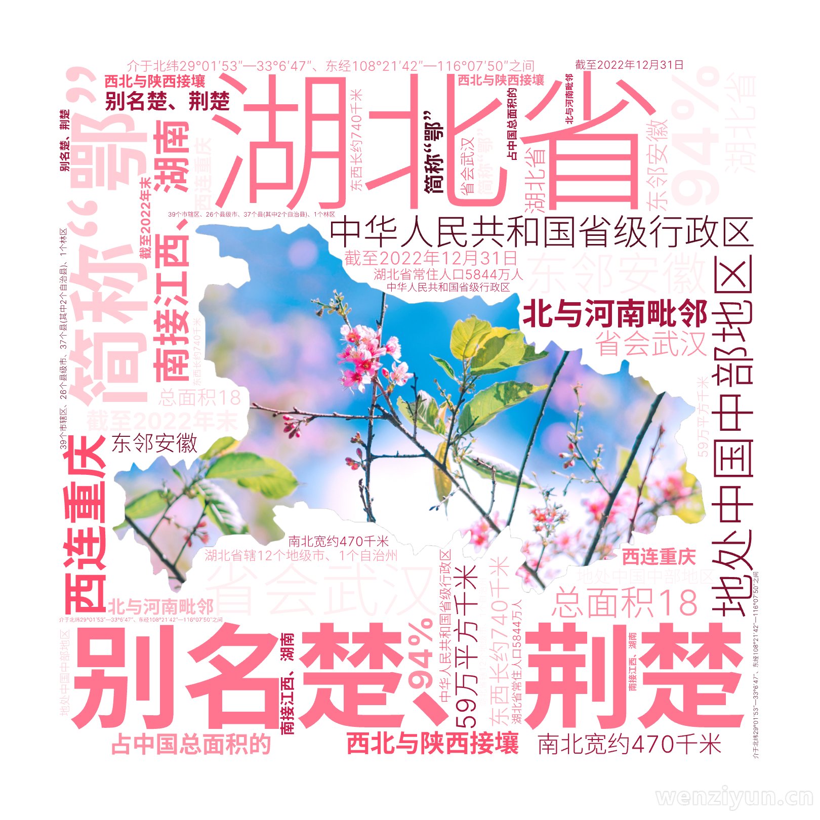 湖北省,简称“鄂”,别名楚、荆楚,中华人民共和国省级行政区,省会武汉,地处中国中部地区,东邻安徽,西连重庆,西北与陕西接壤,南接江西、湖南,,文字词云图-wenziyun.cn