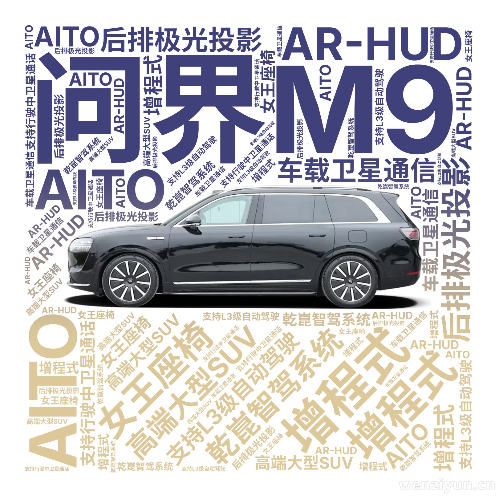 问界M9,增程式,AITO,高端大型SUV,乾崑智驾系统,支持L3级自动驾驶,AR-HUD,后排极光投影,女王座椅,车载卫星通信,支持行驶中,文字词云图-wenziyun.cn